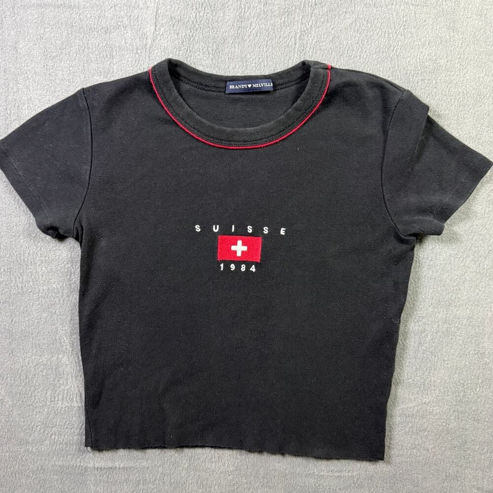 Brandy Melville Y2K Suisse 1984 Baby Doll Tee Cropped T-Shirt Blouse Black Small